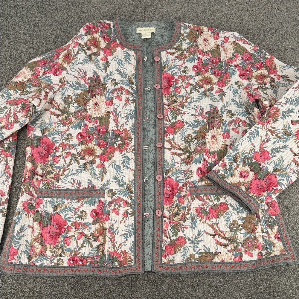 Appleseeds Jacket Wm XL Floral Quilted Blazer Reversible Button Close Cardigan